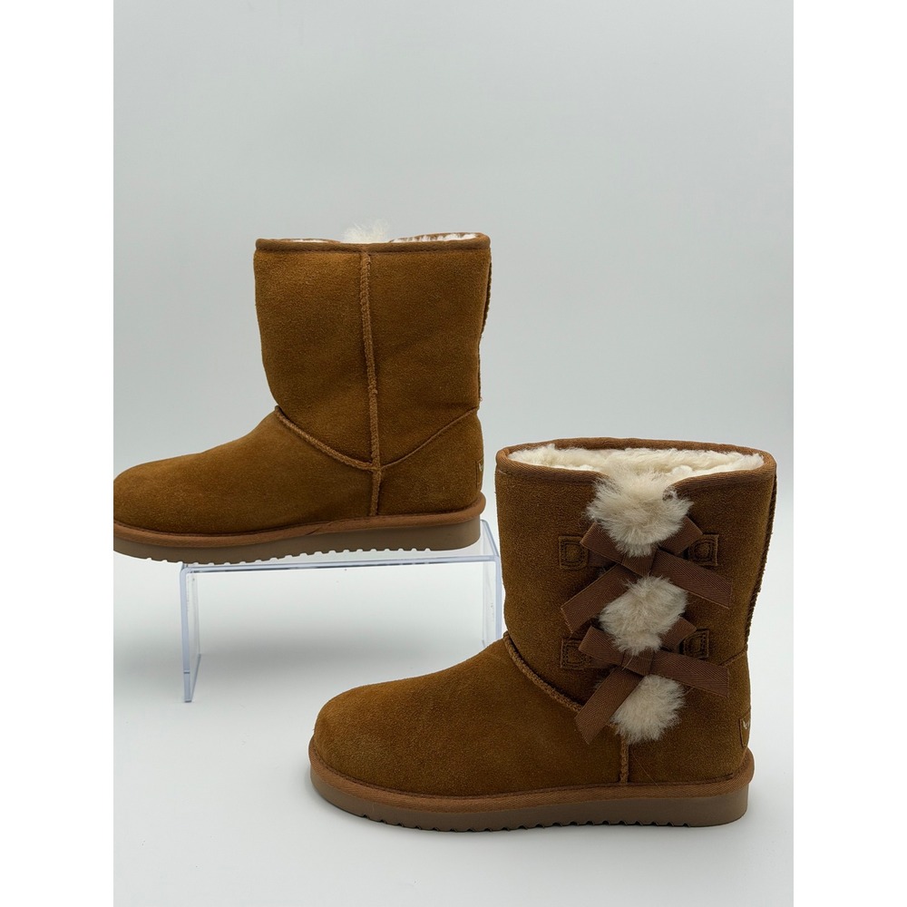 KOOLABURRA BY UGG Victoria Girls 3 Chestnut Suede Faux Fur Bow Boots 1127154